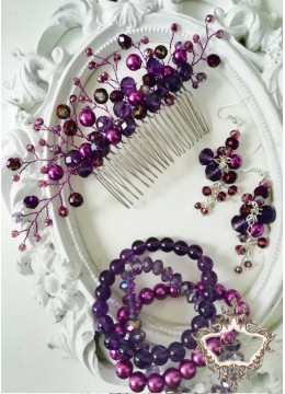 Ръчно изработен Гребен украса за коса в тъмно лилаво, гривни и обици Purple Dreams by Rosie